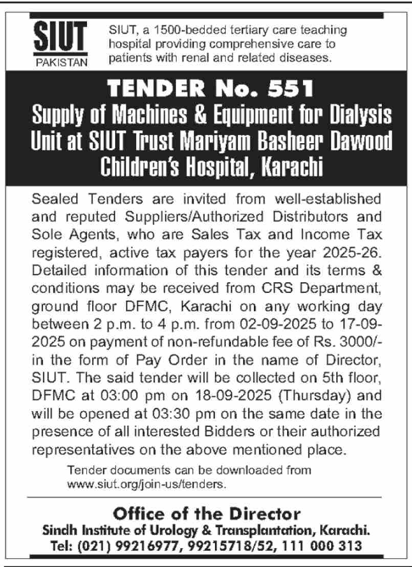 SIUT Karachi Tender Notice